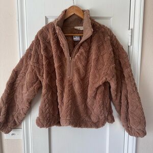 Half-Zip Plush Fleece Pullover Hoodie - Brown